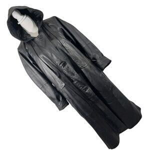 VENEZIA VITALE! HOODED BLACK GENUINE LEATHER FULL LENGTH TRENCH COAT! SZ 14WP